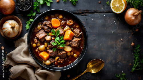 Flemish stew stoofvlees carbonnade with beef or pork in black bowl on dark rustic wooden table, flat lay with ample copy space
