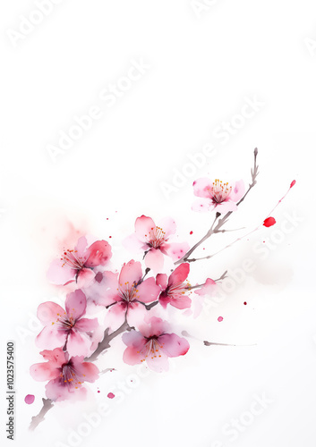 Japanese Cherry blossom art watercolor painting of a sakura branch in springtime with a floral design style.