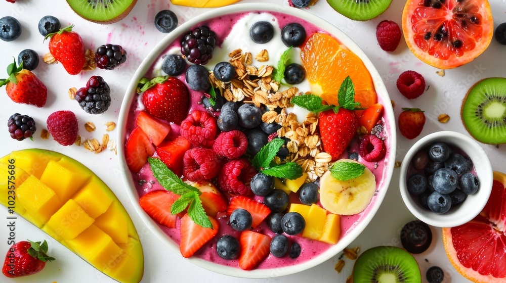 Vibrant smoothie bowl topped with fresh fruits and crunchy granola on a caf table Vibrant smoothie bowl topped with fresh fruits and crunchy granola on a caf table