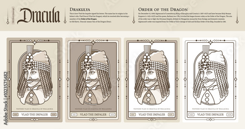 Count Dracula in medieval style. Vlad III Dracula of Wallachia, Vlad the Impaler or Vlad Tepes. Hand-drawn portrait of Vlad Tepes on different backgrounds. Famous literary and historical character. 