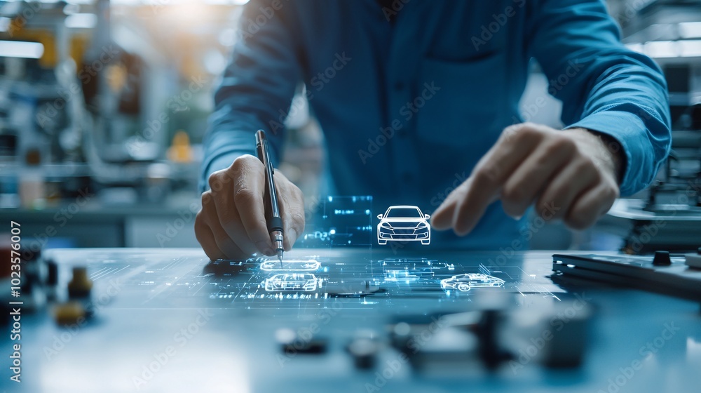 Futuristic Automotive Engineer Utilizing Augmented Reality - 3D Car Designs and Holographic Blueprints in High-Tech Factory Environment