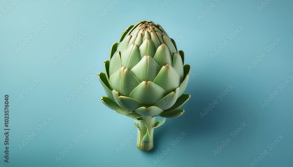 Obraz premium Fresh Artichoke Against a Blue Background. Symbol of Natural Nutrition, Sustainability, and Healthy Living
