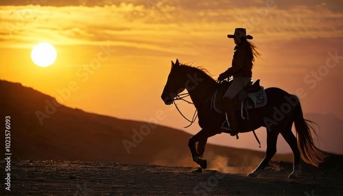 Cowboy silhouette on horseback in desert at sunrise 