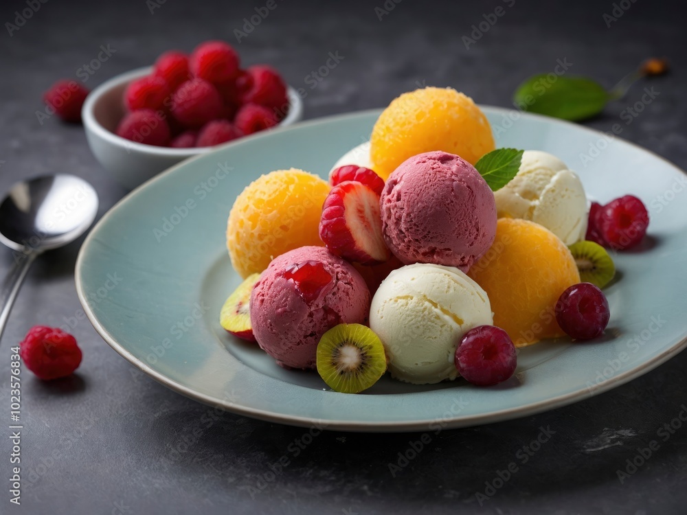 Exotic fruits ice cream balls in nice plate on grey background. Vibrant fruit ice cream in stylish dish Exotic fruits ice cream balls in nice plate on grey background. Vibrant fruit ice cream in stylish dish