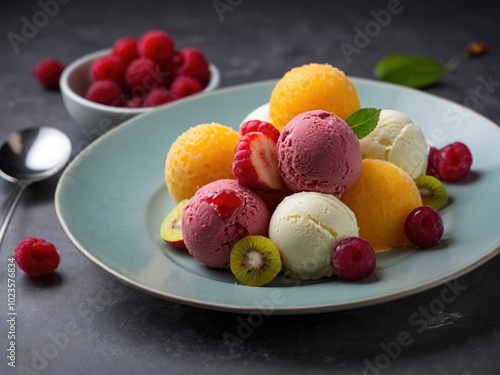 Exotic fruits ice cream balls in nice plate on grey background. Vibrant fruit ice cream in stylish dish