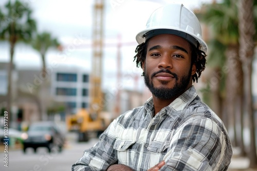 Portrait of a Confident Construction Worker Wearing a Hard Hat