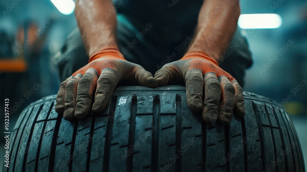 Close-Up of Hands Working with a Tire Close-Up of Hands Working with a Tire