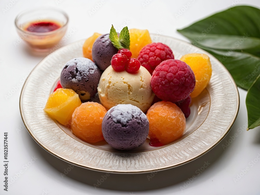 Exotic fruits ice cream balls in nice plate on white background. Colorful ice cream balls on elegant plate Exotic fruits ice cream balls in nice plate on white background. Colorful ice cream balls on elegant plate