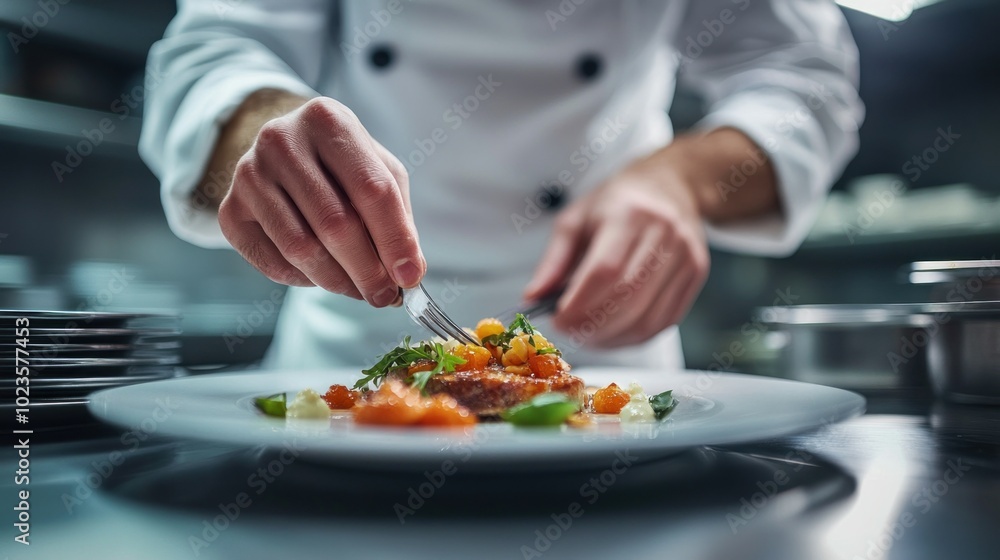 Chef Finishing a Gourmet Dish with a Fork in a Restaurant Kitchen Chef Finishing a Gourmet Dish with a Fork in a Restaurant Kitchen