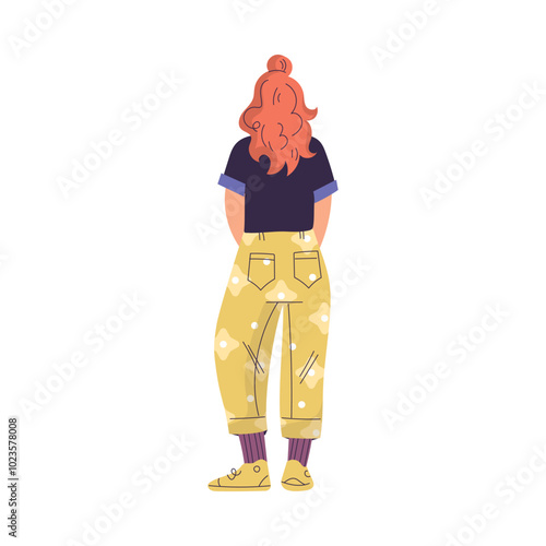 Woman Character Standing from Behind Back View Vector Illustration