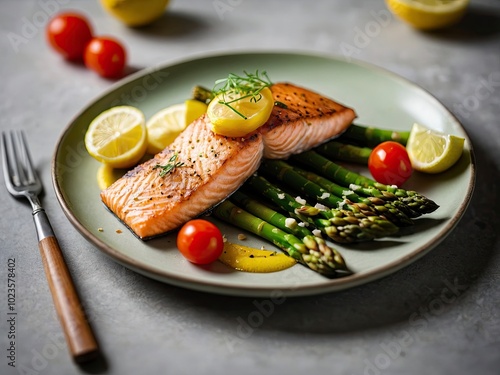 Fried salmon with asparagus and tomatoes and lemon and yellow lime on colored plate. Seared salmon served with lemon and lime