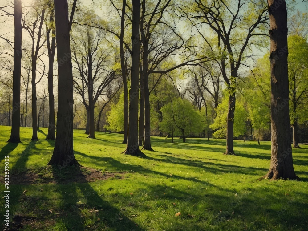 Green park landscape showing deciduous trees with fresh green foliage at springtime and sunny day in panoramic view. Springtime park scene with sunny weather Green park landscape showing deciduous trees with fresh green foliage at springtime and sunny day in panoramic view. Springtime park scene with sunny weather
