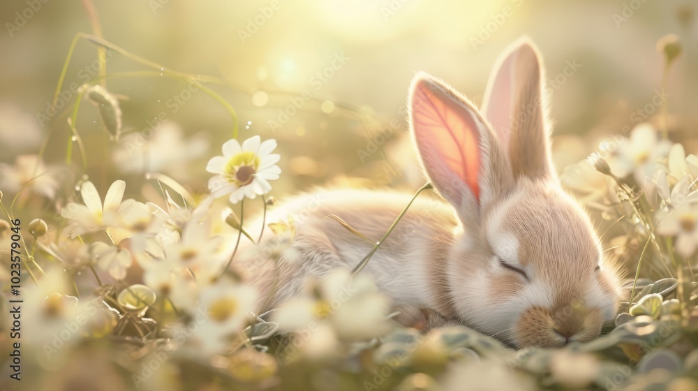 A rabbit is sleeping in a field of flowers. The scene is peaceful and serene, with the rabbit's soft fur blending in with the grass and the flowers. Concept of calm and relaxation A rabbit is sleeping in a field of flowers. The scene is peaceful and serene, with the rabbit's soft fur blending in with the grass and the flowers. Concept of calm and relaxation