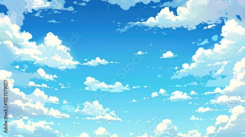 Cartoon style illustration of a clear blue sky filled with fluffy white clouds. Whimsical background for animation and childrens themes.