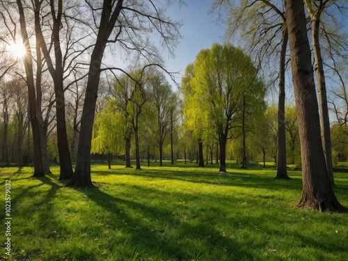 Green park landscape showing deciduous trees with fresh green foliage at springtime and sunny day in panoramic view. Sunny spring day in the park with lush foliage