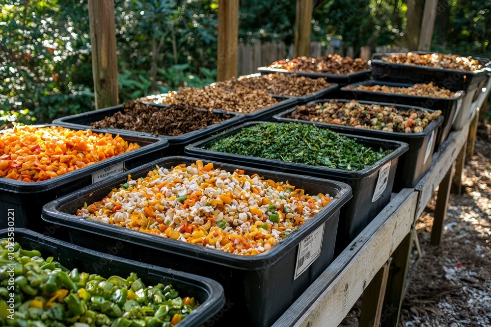 Black Plastic Bins Filled with Chopped Vegetables and Food Scraps Black Plastic Bins Filled with Chopped Vegetables and Food Scraps