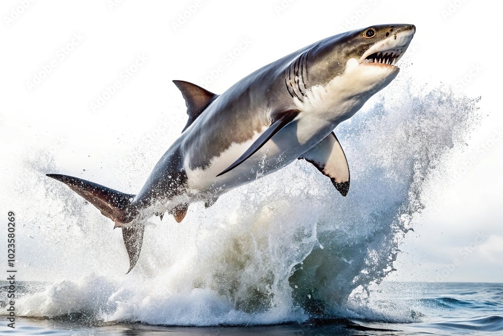 Fototapeta premium Great White Shark leaping out of water on white background Medium Shot