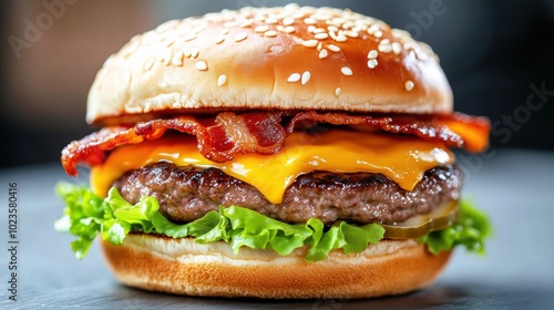 Mouthwatering Cheeseburger with Fresh Toppings on Sesame Seed Bun against Dark Background