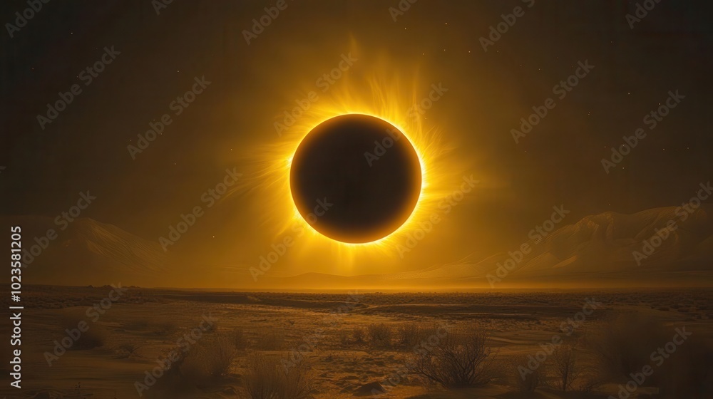 Obraz premium realistic portrayal of a solar eclipse with the moon dramatically covering the sun surrounded by a halo of light emphasizing the awe of this astronomical event in a captivating night sky