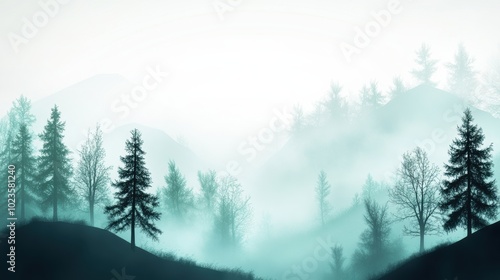 Misty Evergreen Forest in Mountainous Landscape with Moody Atmospheric Ambiance