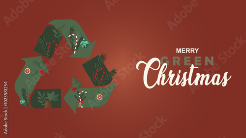 Merry green christmas banner. Merry Green Christmas Eco-Friendly Holiday Concept. Sustainable holidays. eco-conscious celebration illustration. Sustainable christmas banner vector. Recycling symbol