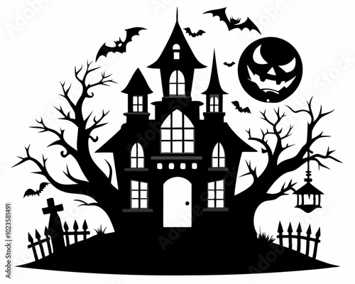 A Silhouette Vector Of Halloween Haunted House, Haunted House silhouette collection. scary halloween house bundle set,halloween at night and bats house logo