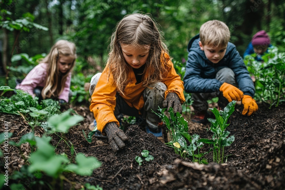 Three Children Planting in a Lush Forest Setting Three Children Planting in a Lush Forest Setting