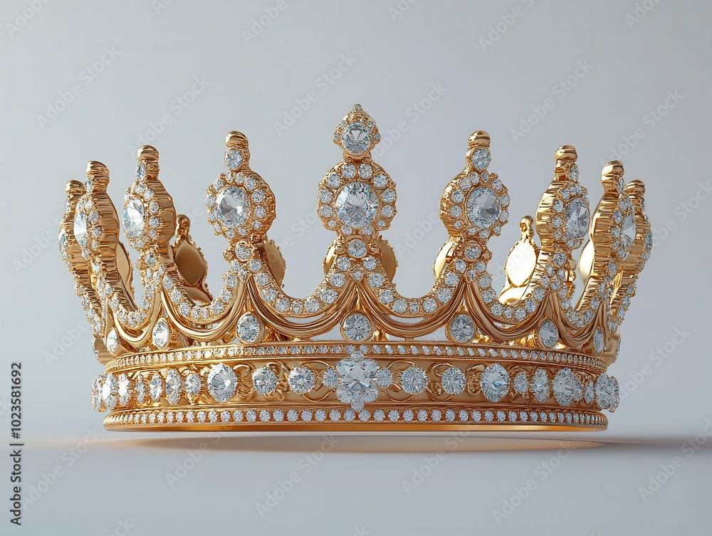 royal golden crown gleaming against a pristine white background, symbolizing power and royalty, exquisitely detailed with intricate embellishments reflecting light and opulence royal golden crown gleaming against a pristine white background, symbolizing power and royalty, exquisitely detailed with intricate embellishments reflecting light and opulence