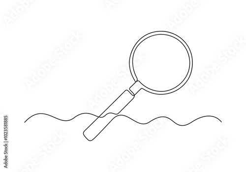 Magnifying glass in one continuous line drawing. Concept of Business analysis in simple outline style. Used for logo, emblem, web banner, presentation. Vector illustration