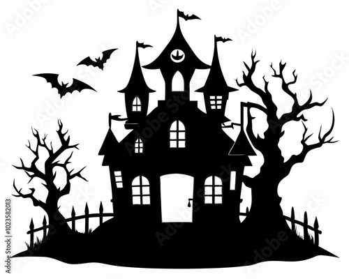 A Silhouette Vector Of Halloween Haunted House, Haunted House silhouette collection. scary halloween house bundle set,halloween at night and bats house logo