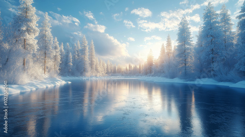 Fototapeta Naklejka Na Ścianę i Meble -  Forest lake near frozen trees and blue sky