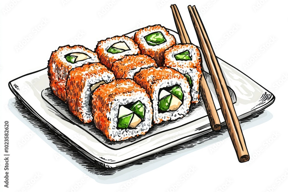 Hand-drawn illustration of a plate of sushi rolls with chopsticks Hand-drawn illustration of a plate of sushi rolls with chopsticks