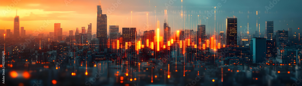 Blurred Cityscape with Glowing Financial Symbols: A Soft Focus Wide Angle Shot Representing Economic Growth and Wealth at Dusk - Abstract Photography for Stock Blurred Cityscape with Glowing Financial Symbols: A Soft Focus Wide Angle Shot Representing Economic Growth and Wealth at Dusk - Abstract Photography for Stock