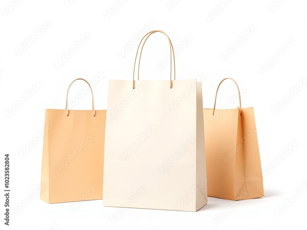 There are three paper bags that have handles on a white background There are three paper bags that have handles on a white background