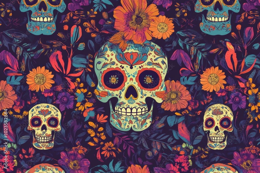 Vibrant Day of the Dead sugar skulls adorned with intricate floral patterns, set against a dark background. Vibrant Day of the Dead sugar skulls adorned with intricate floral patterns, set against a dark background.