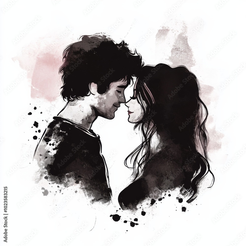 Fototapeta premium Illustration of a Couple in Love, Foreheads Touching, with Gentle Watercolor Effects and Splashes on a White Background