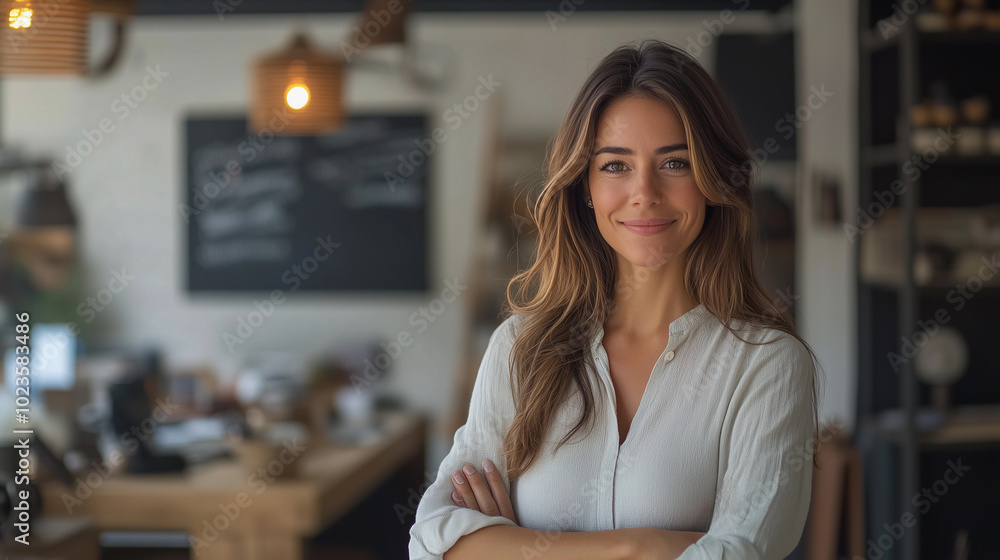 A woman is standing in a room with a white shirt on and her arms crossed