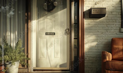 Wallpaper Mural A welcoming front porch featuring a door, chair, plants, and decorative elements. Torontodigital.ca