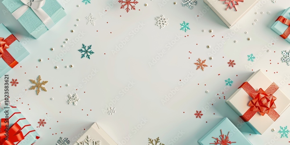 A white background with a bunch of presents and snowflakes. The snowflakes are scattered all over the background and the presents are placed in a row. Scene is festive and joyful A white background with a bunch of presents and snowflakes. The snowflakes are scattered all over the background and the presents are placed in a row. Scene is festive and joyful