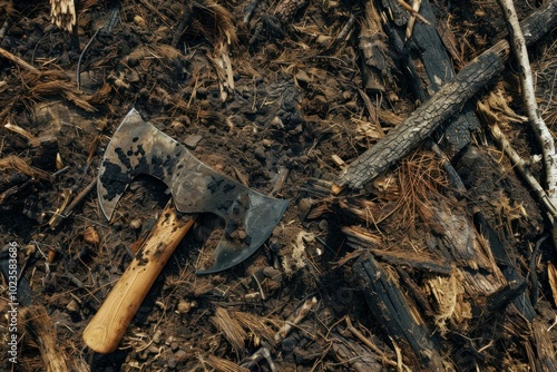 Wallpaper Mural Double bit axe lying on the ground with dirt and wood chips, suggesting a recently completed job Torontodigital.ca