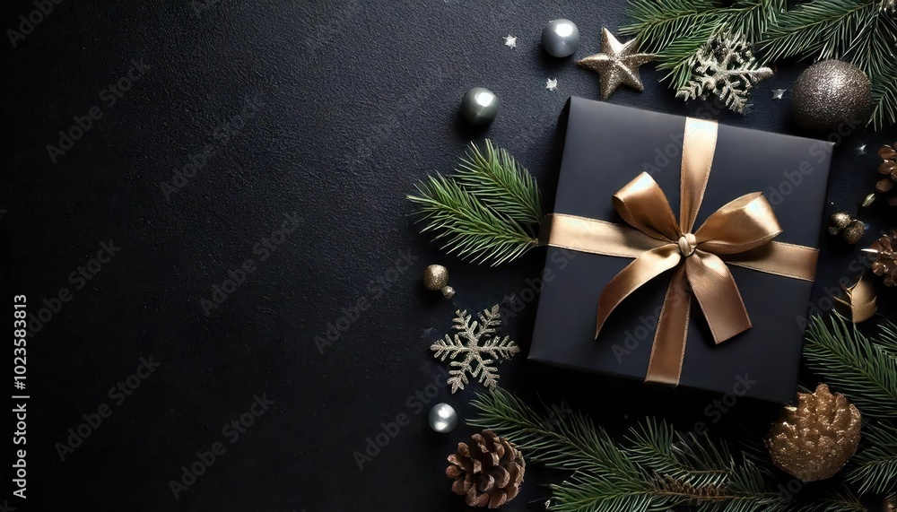 Festive black gift with Christmas decorations and copy space Festive black gift with Christmas decorations and copy space