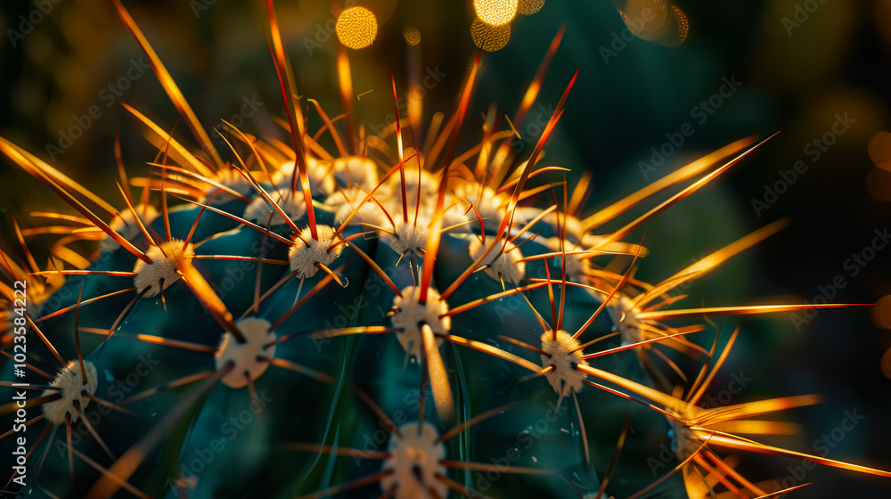 Close up of a cactus with many spines. The spines are yellow and orange in color Close up of a cactus with many spines. The spines are yellow and orange in color