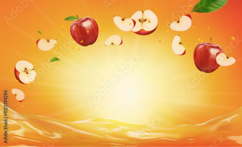 3d realistic vector horizontal banner, apple juice splash, red apple juice color background with flying leaves for your design, ads