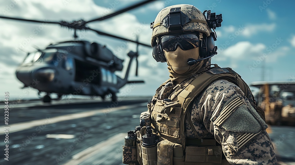 A soldier in tactical gear stands near a helicopter on a military base, ready for deployment. A soldier in tactical gear stands near a helicopter on a military base, ready for deployment.