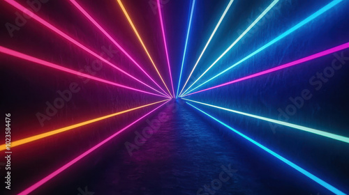 Dazzling light rays fanning out from central source create vibrant and dynamic atmosphere. colorful beams illuminate dark space, evoking sense of energy and excitement