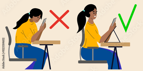 Correct good position vs bad incorrect posture for holding and talking with PHONE. Right and wrong back, neck and legs poses of girl at desk. Vector