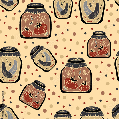 Jars of pickles, cucumbers, tomatoes. Vintage retro pattern with texture in linocut style vector