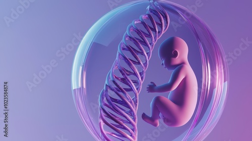 A 3D model of a human fetus inside a clear bubble, with a glowing DNA double helix wrapping around the bubble in symmetrical spirals, representing genetic inheritance. photo