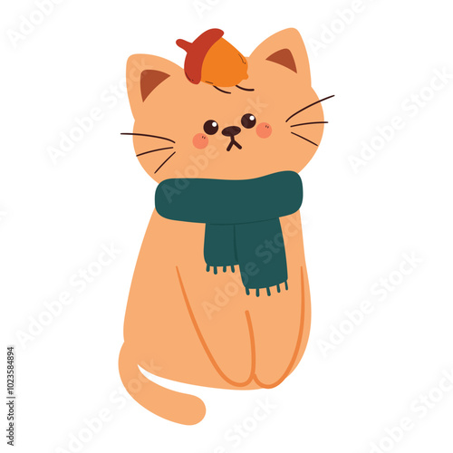 hand drawing cartoon cat with scarf and autumn stuff. cute animal drawing, doodle for autumn