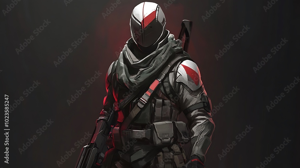 A futuristic soldier in tactical gear, poised for action with a weapon, set against a dark background. A futuristic soldier in tactical gear, poised for action with a weapon, set against a dark background.